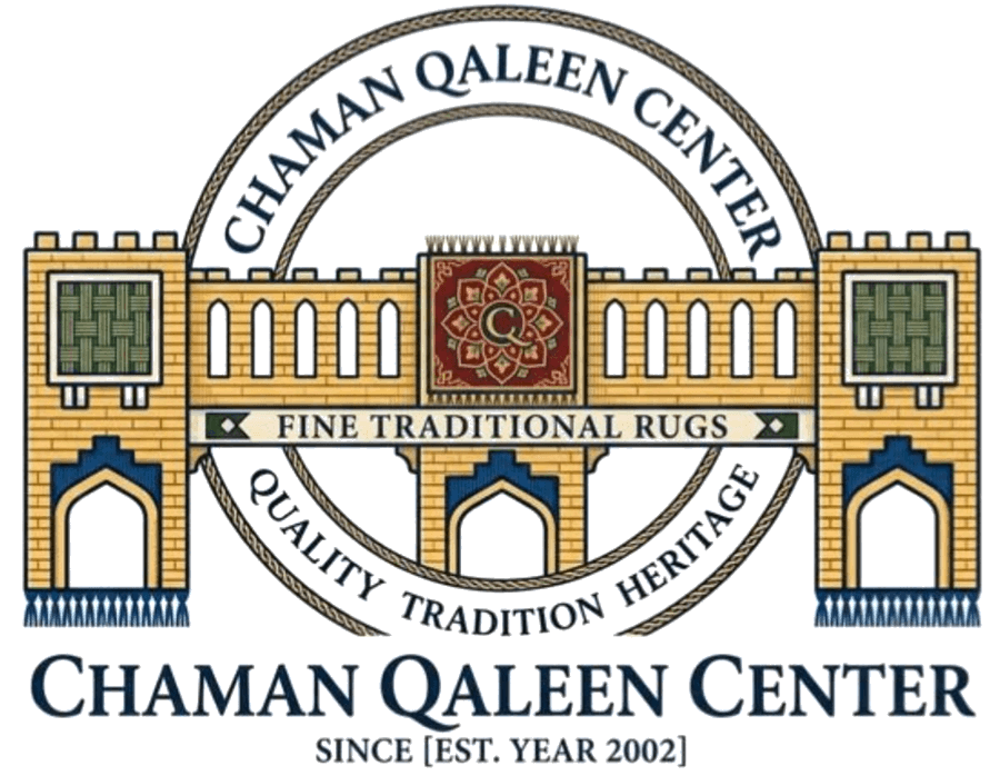 Chaman Qaleen Center logo: a fort gate with three arches and a rug marked Q